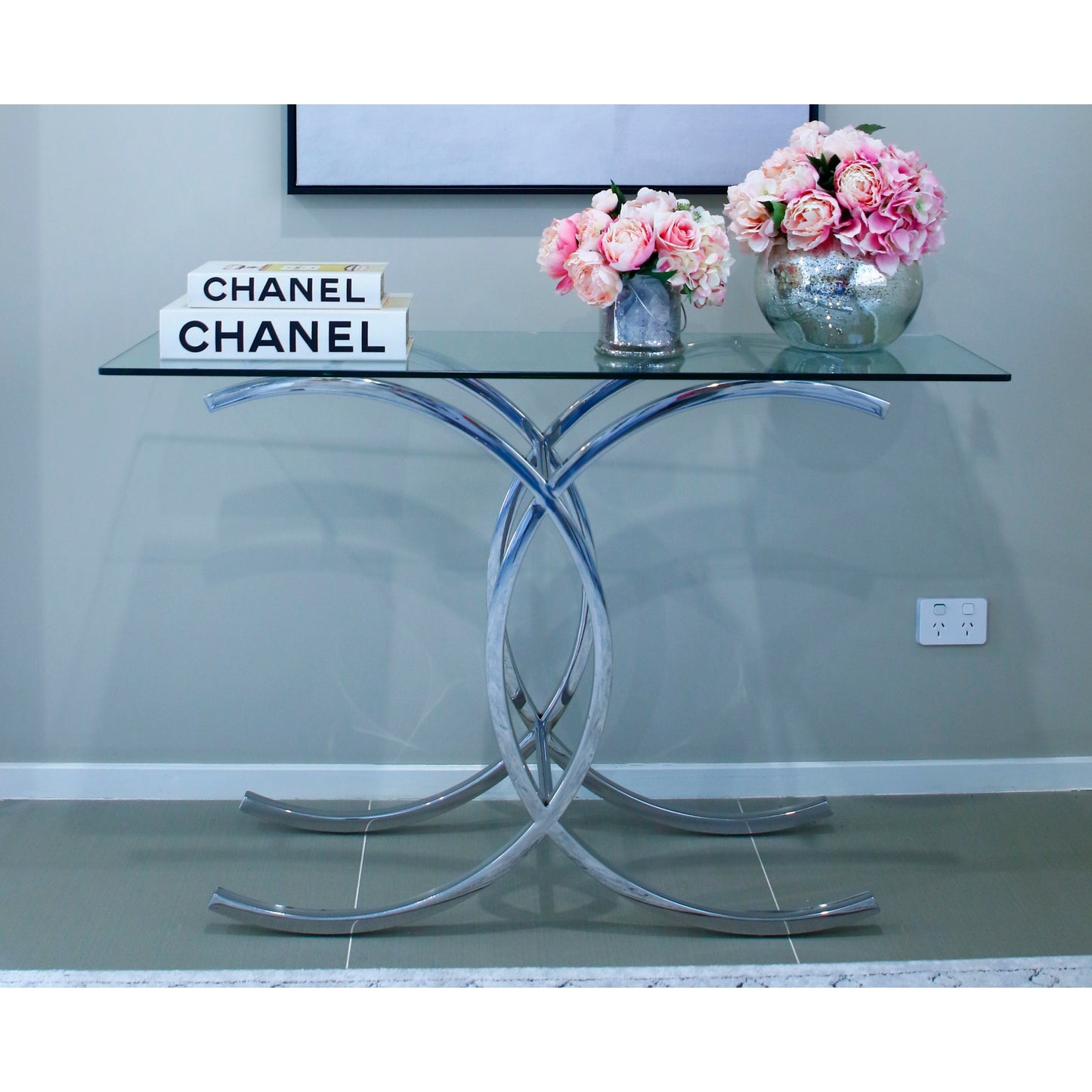 Corry Mirror Polished Stainless Steel Console with Clear Glass Top