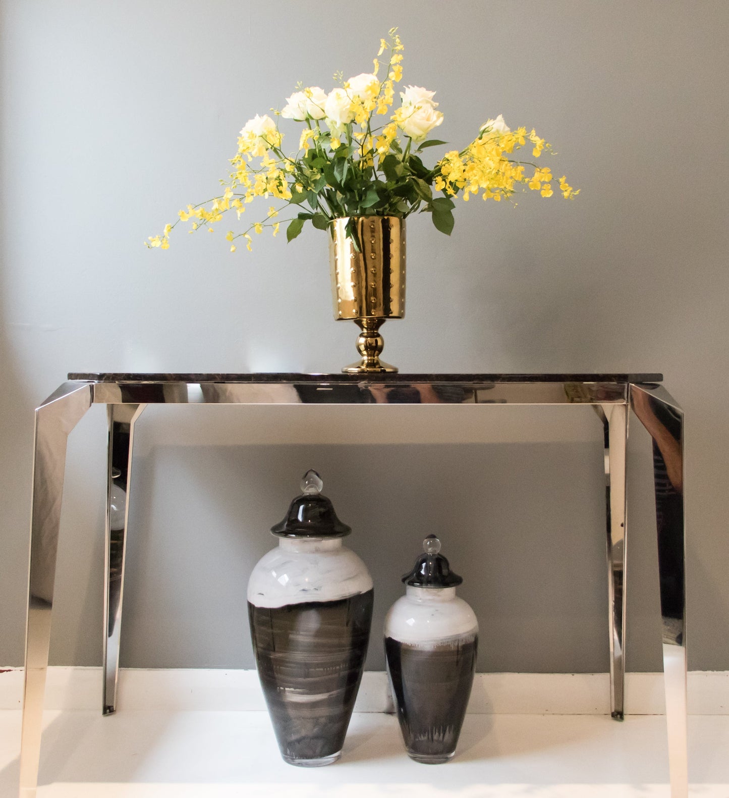 Large Hand Painted Glass Vase: Black and White Ink