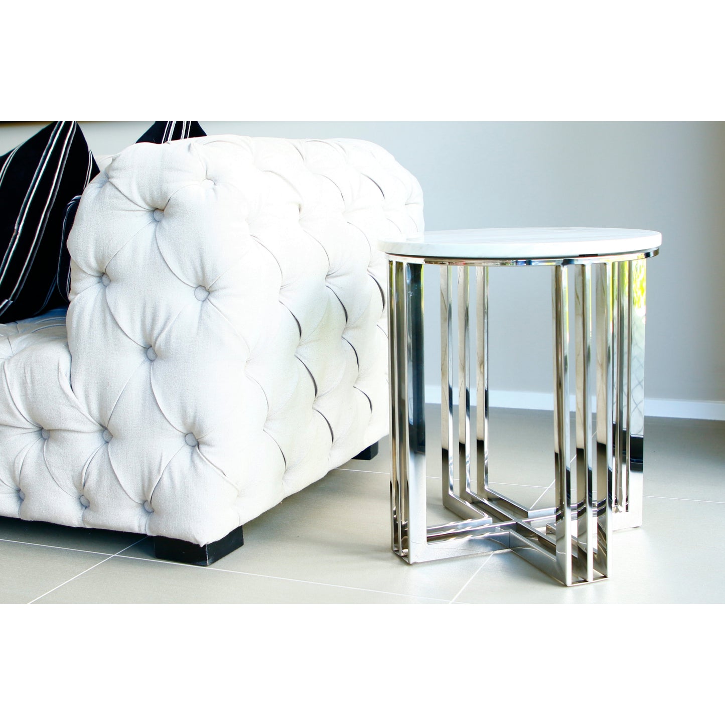 Royal Mirror Polished Stainless Steel Side Table with White Marble Top