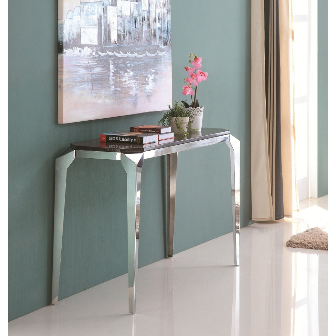 Xezal Mirror Polished Stainless Steel Console with Brown Marble Top (Pick up only)
