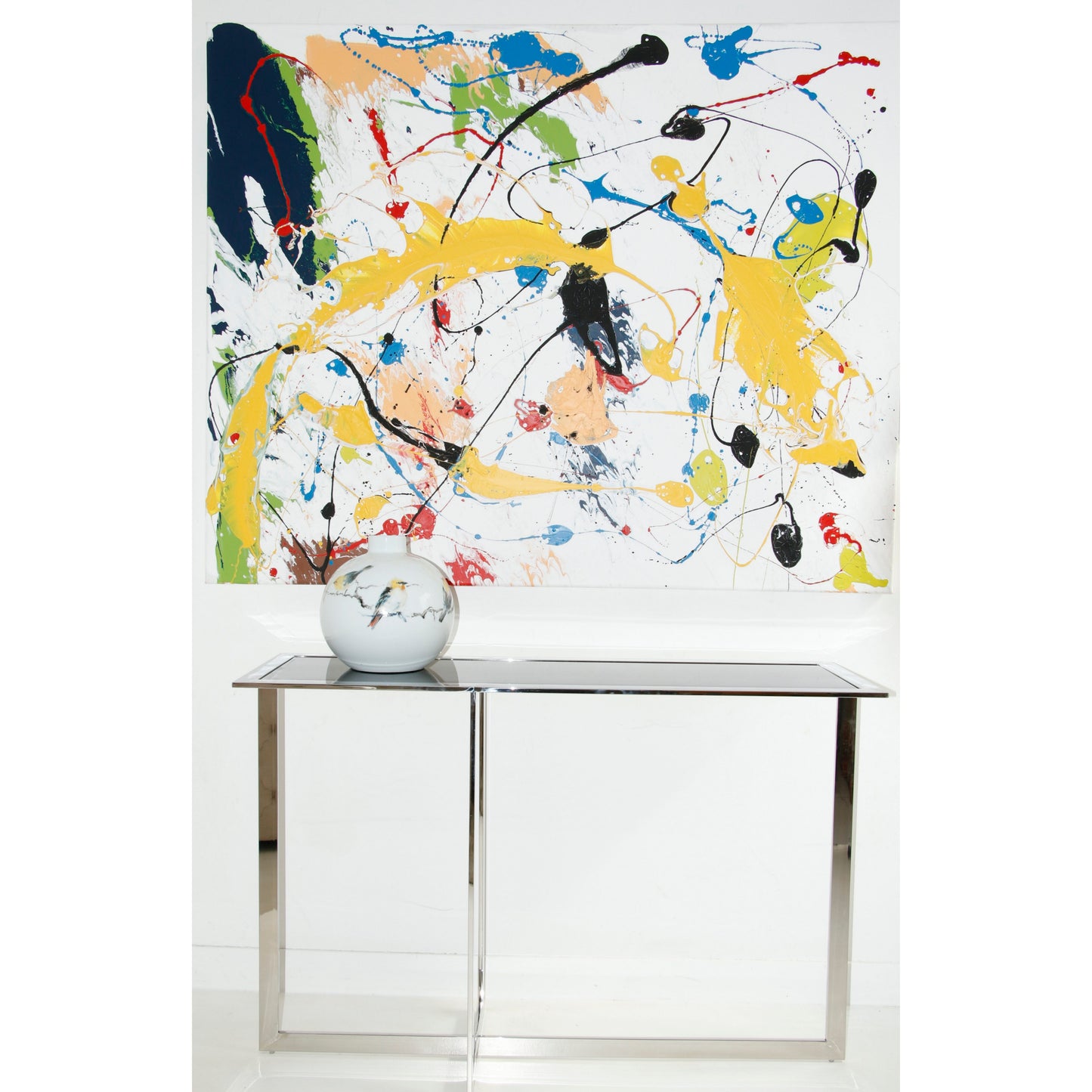 Dalas Mirror Polished Stainless Steel Console with Black Glass Top (pick up only)