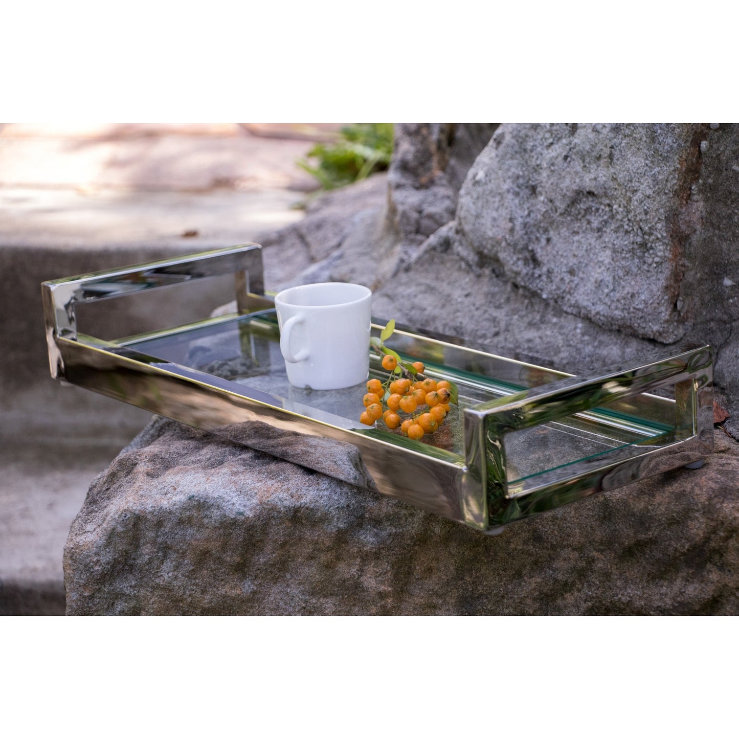 Siti Mirror Polished Stainless Steel Tray with Clear Tempered Glass