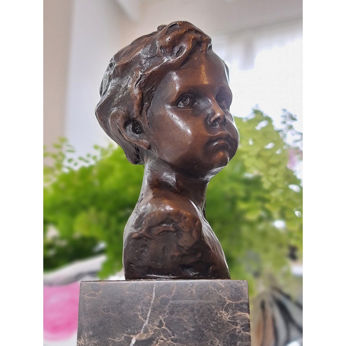 Bronze Sculpture Bust of a Boy Cherub on Marble Base