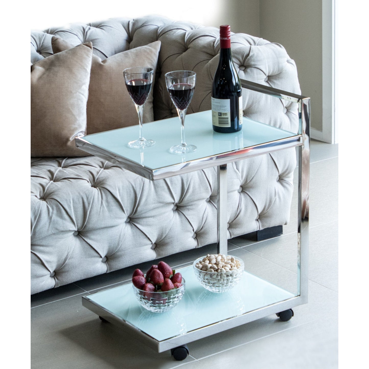 Jamie Stainless Steel Side Table/Trolley with White Tempered Glass
