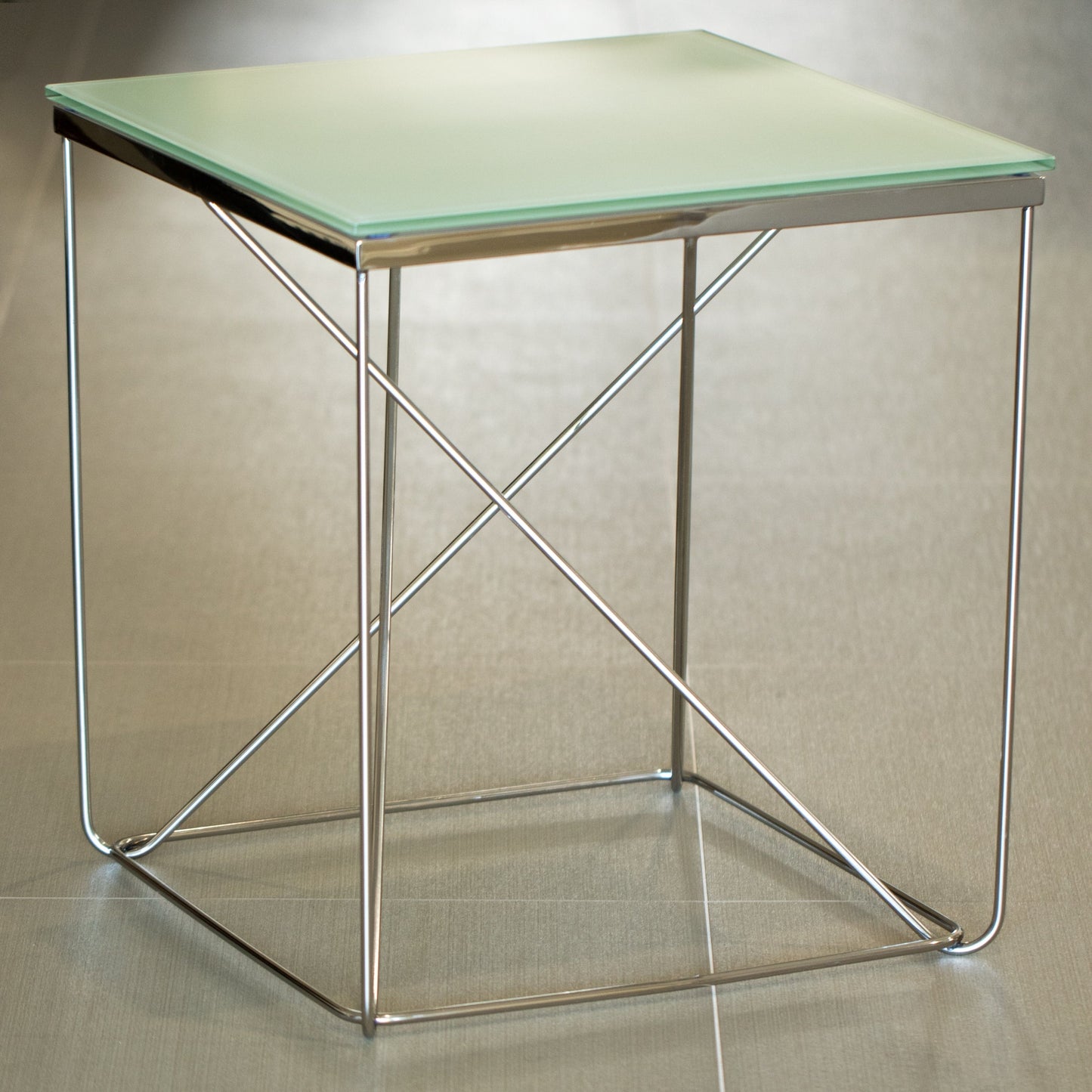 Avesta Mirror Polished Stainless Steel Side Table with White Glass Top