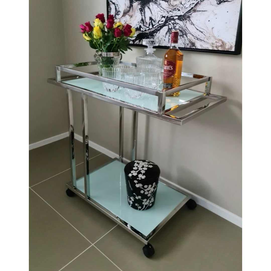 Aro Stainless Steel Drinking Trolley with White Tempered Glass (Pick up only)