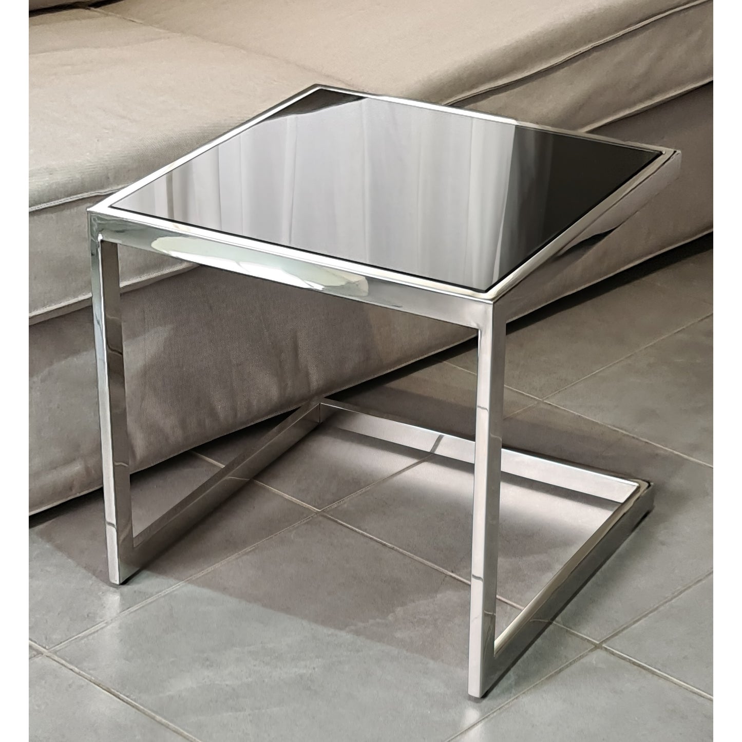 Malie Polished Stainless Steel Sid Table with Black Tempered Glass