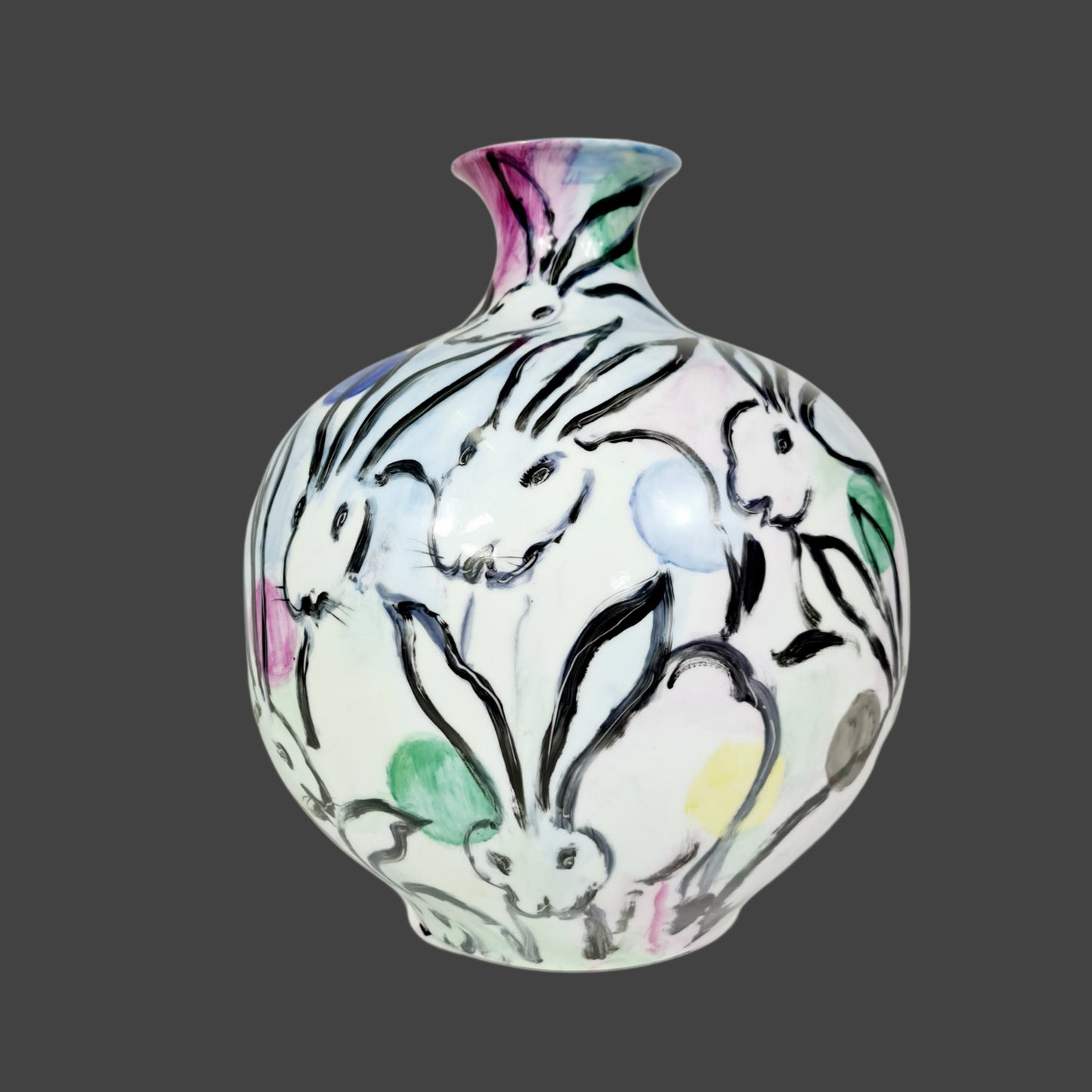 Large Hand Painted Vase Rabbits Grazing