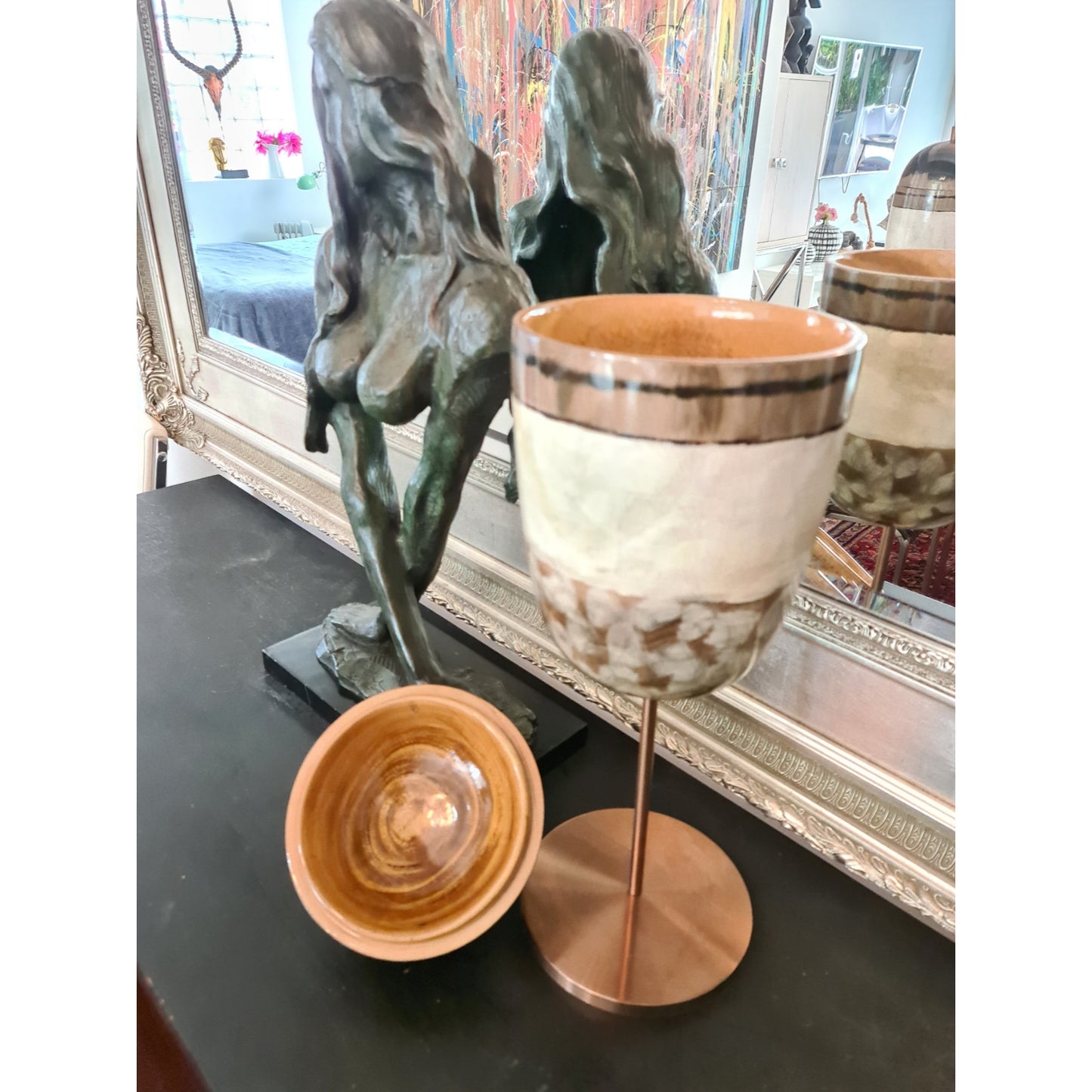 Large Hand painted/Handmade Earthen Strata Wooden Capped Jar on Copper Footing