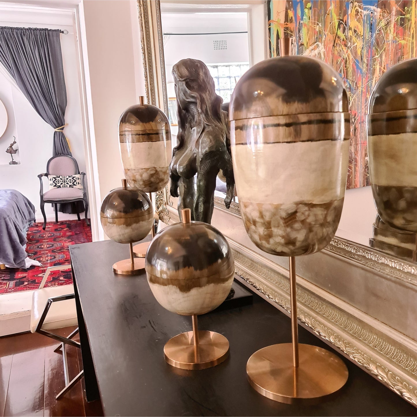 Brown Hand painted/ Handmade Gradient wooden Capped Sphere on Copper Footing