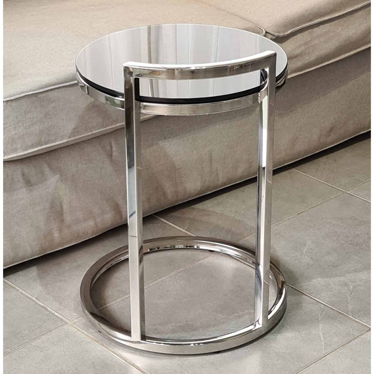 Azda Mirror Polished Stainless Steel Side Table with Black Tempered Glass