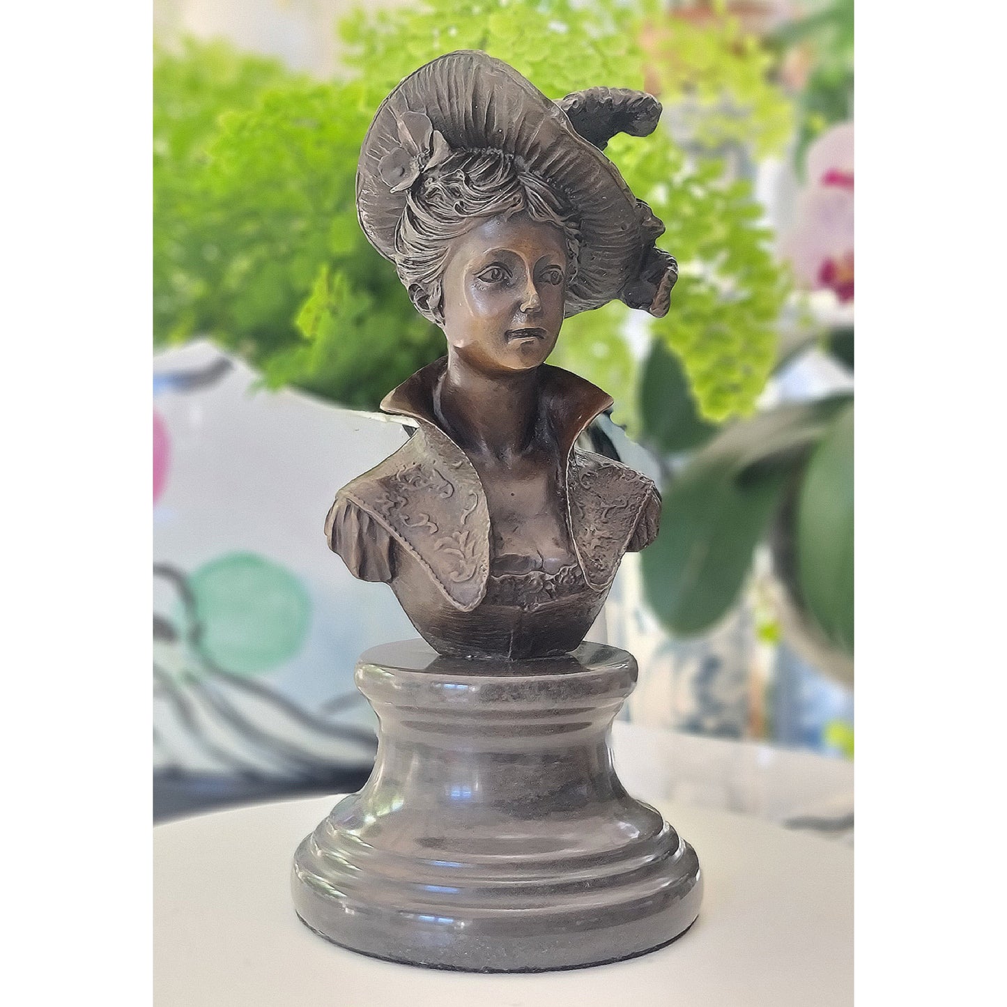 Victorian Portrait Lady Woman Hat Bust Bronze Marble Statue Sculpture