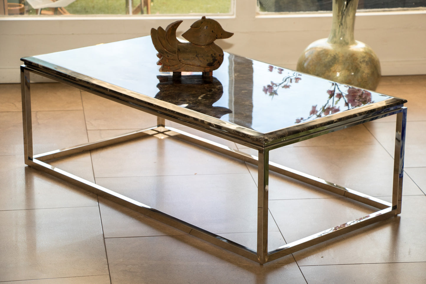 Hemin Mirror Polished Stainless Steel Coffee Table with Brown Marble Top (Pick up only)