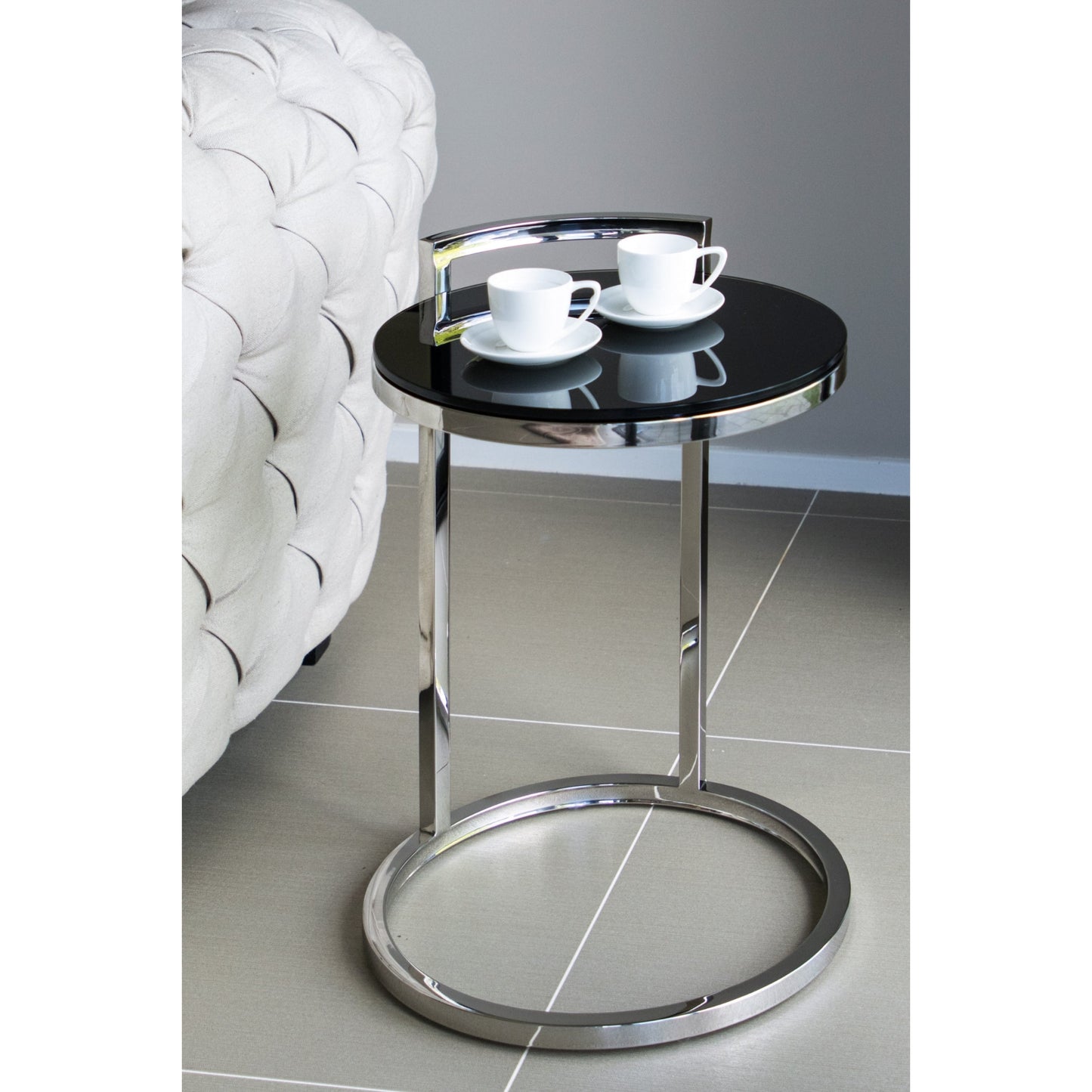 Azda Mirror Polished Stainless Steel Side Table with Black Tempered Glass