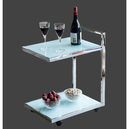 Jamie Stainless Steel Side Table/Trolley with White Tempered Glass