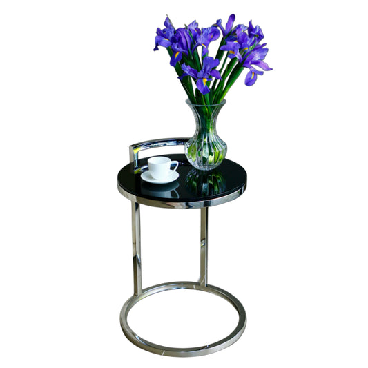 Azda Mirror Polished Stainless Steel Side Table with Black Tempered Glass