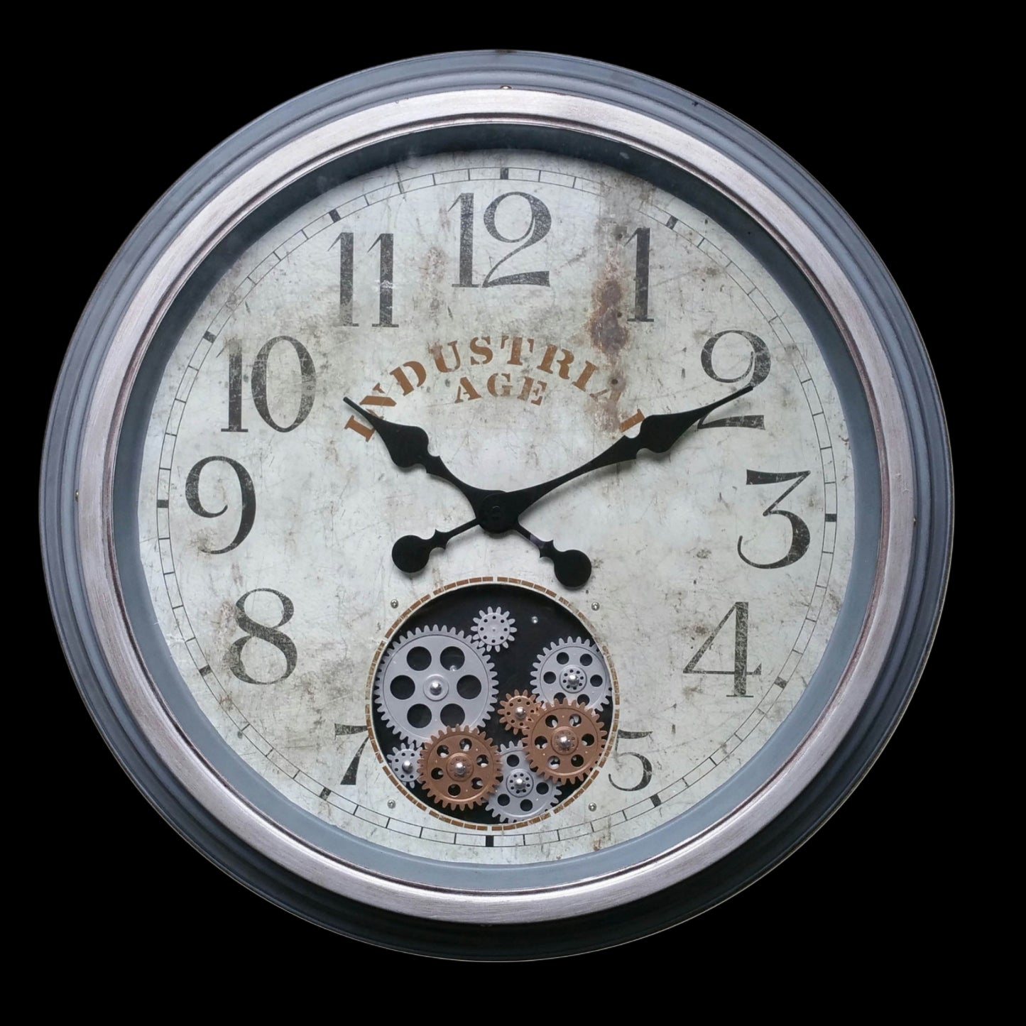 A round, analog wall clock with a grey and gold color scheme, featuring antique gear design and the text 'INDUSTRIAL AGE' on the clock face.