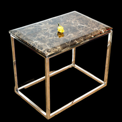 Zivan Mirror Polished Stainless Steel Side Table with Brown Marble Top