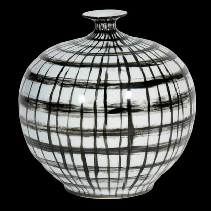 Hand painted Graphic Black and White Vase with Open Mouth