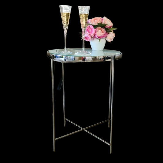 Dilva Polished Stainless Steel Side Table with White Glass Top.