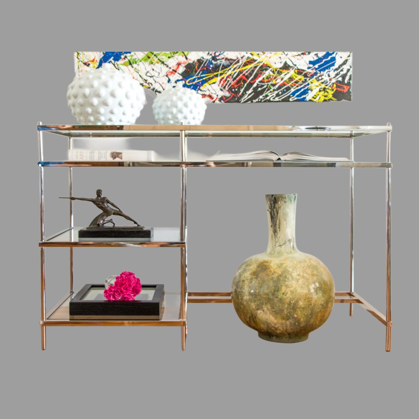 Zilan Polished Stainless Steel Console/ Study Desk with Multilevel Tempered Glass (Pick up only)