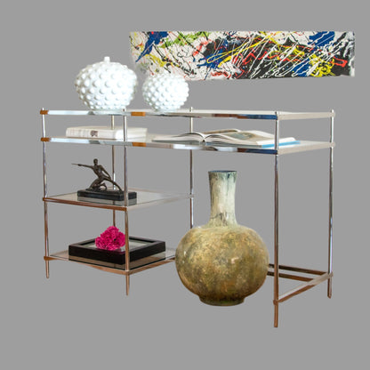 Zilan Polished Stainless Steel Console/ Study Desk with Multilevel Tempered Glass (Pick up only)
