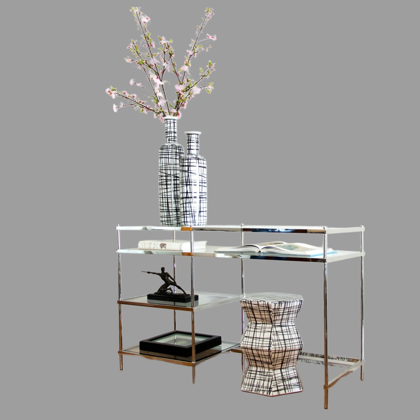 Zilan Polished Stainless Steel Console/ Study Desk with Multilevel Tempered Glass (Pick up only)