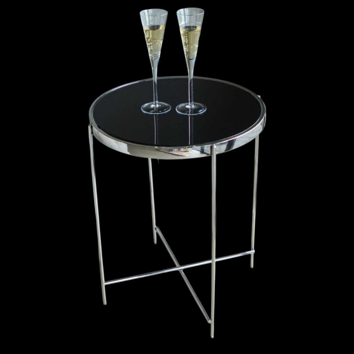 Dilva Polished Stainless Steel Side Table with Black Glass Top.