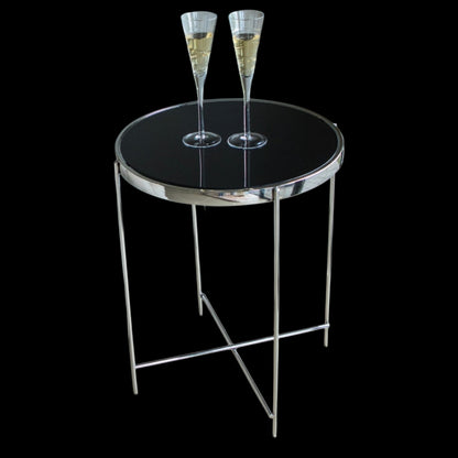 Dilva Polished Stainless Steel Side Table with Black Glass Top.