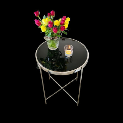 Dilva Polished Stainless Steel Side Table with Black Glass Top.