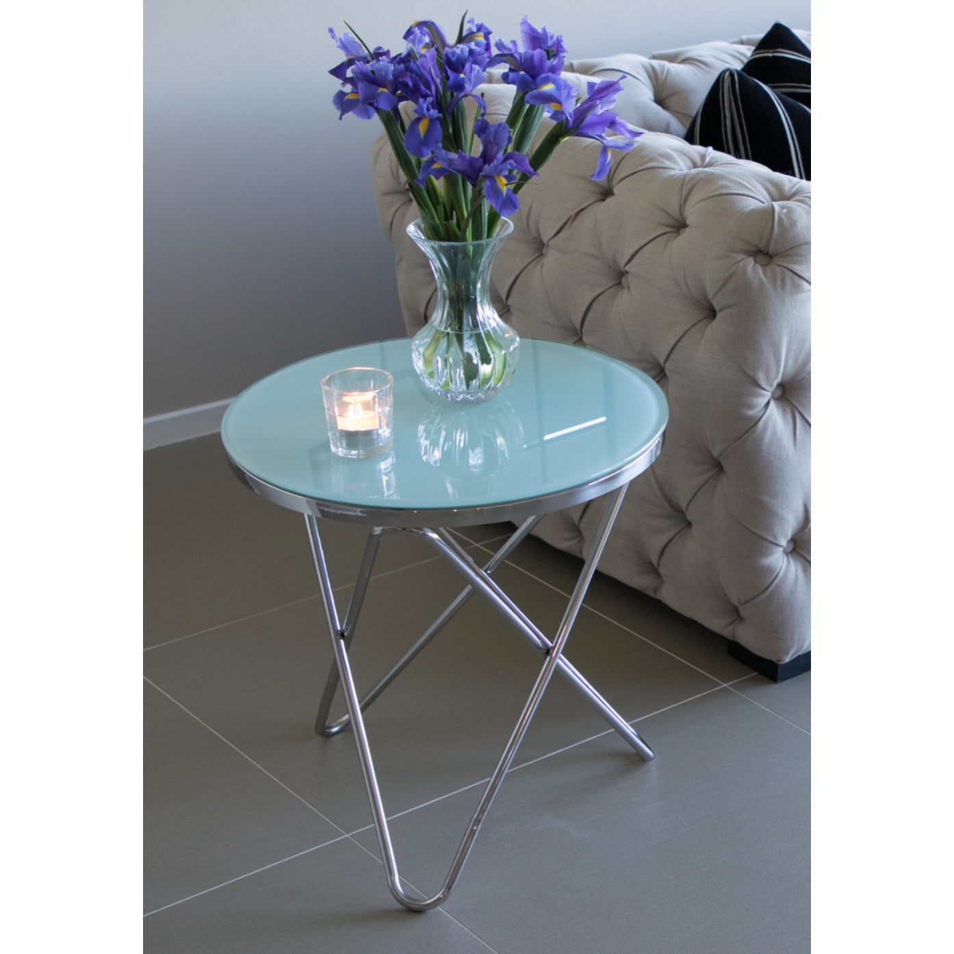 Rona Mirror Polished Stainless Steel Side Table with White Glass