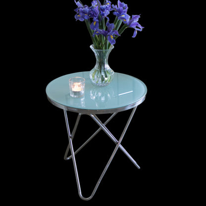 Rona Mirror Polished Stainless Steel Side Table with White Glass