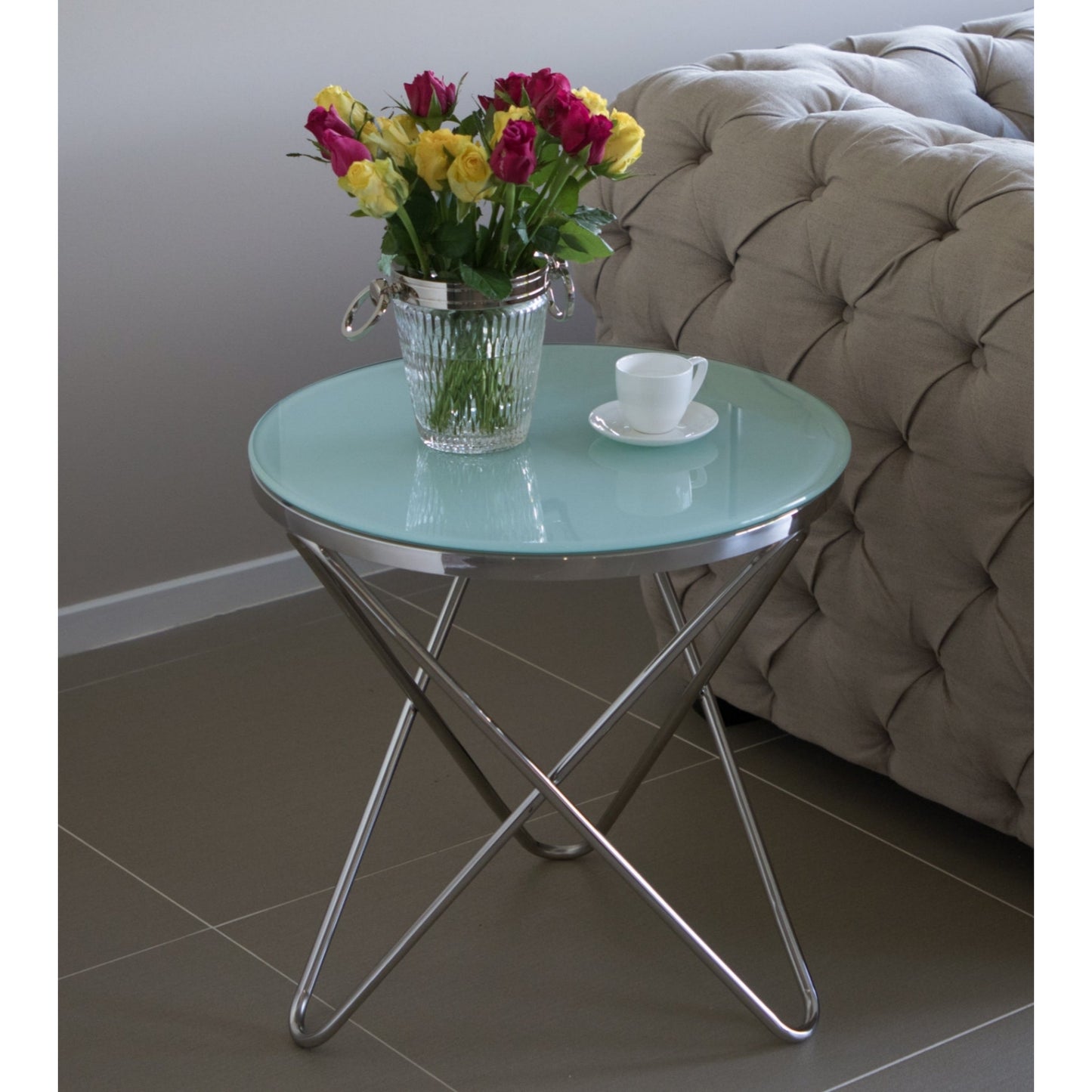 Rona Mirror Polished Stainless Steel Side Table with White Glass