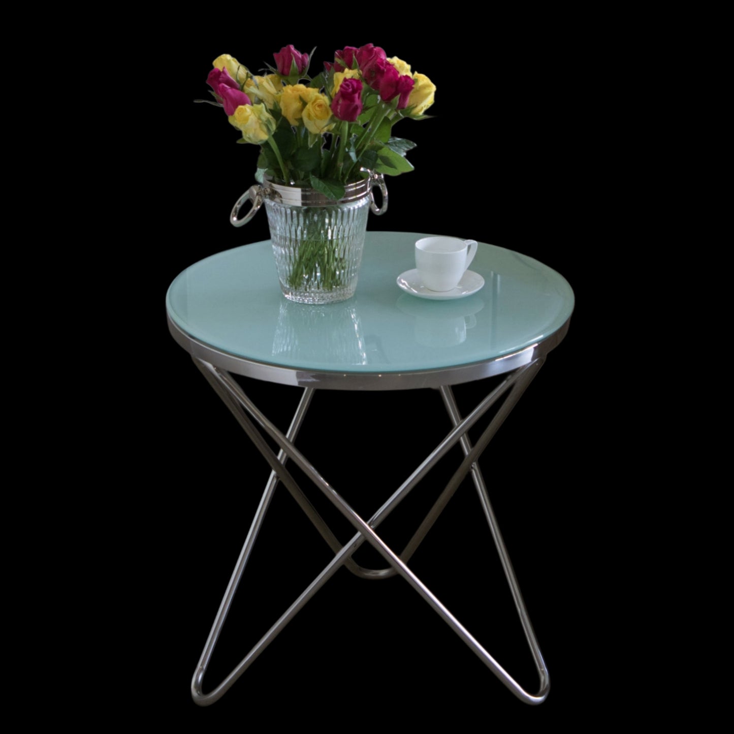 Rona Mirror Polished Stainless Steel Side Table with White Glass