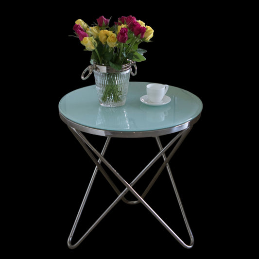 Rona Mirror Polished Stainless Steel Side Table with White Glass
