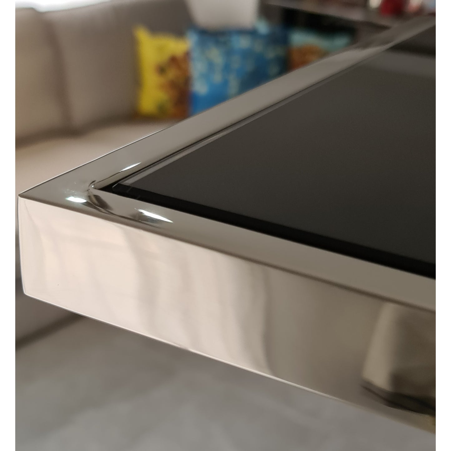 Malie Polished Stainless Steel Sid Table with Black Tempered Glass