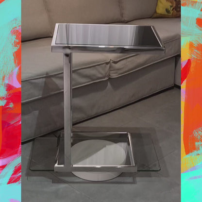 Stella Mirror Polished Stainless Steel Side Table with Black Tempered Glass