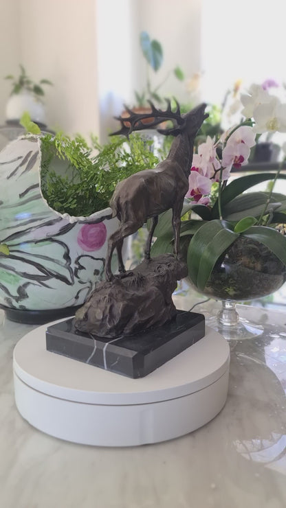 Art Elk Stag Buck Deer Hunter Bronze Marble Base Sculpture