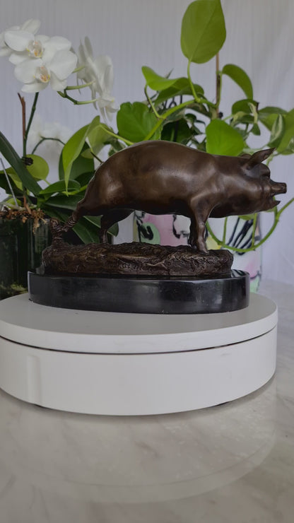 Early 20th Century French Bronze Pig Sculpture On Marble Base