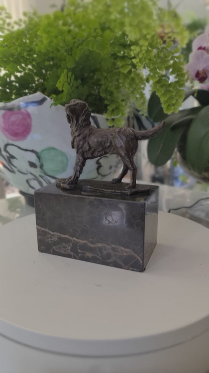 Spaniel Dog Solid Bronze Sculpture on Marble Base