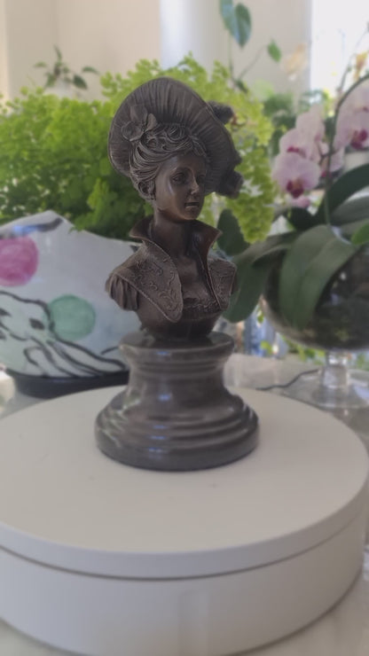 Victorian Portrait Lady Woman Hat Bust Bronze Marble Statue Sculpture