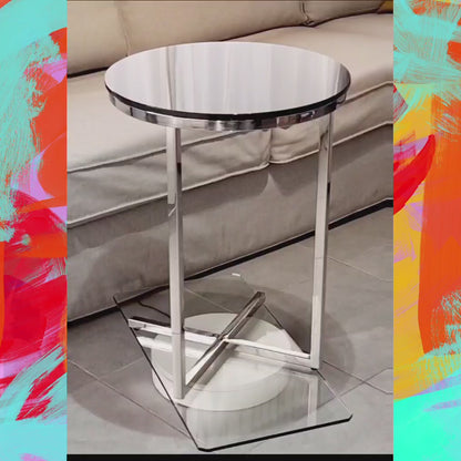 Zara Mirror Polished Stainless Steel Side Table with Black Tempered Glass