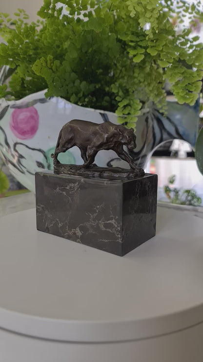 Leopard Cougar Bronze Sculpture On Marble Base