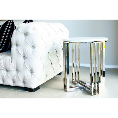 Royal Mirror Polished Stainless Steel Side Table with White Marble Top
