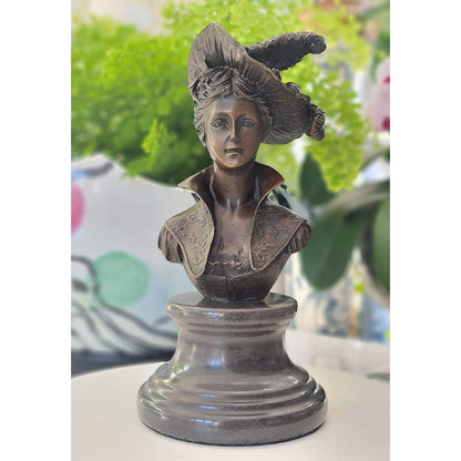 Victorian Portrait Lady Woman Hat Bust Bronze Marble Statue Sculpture