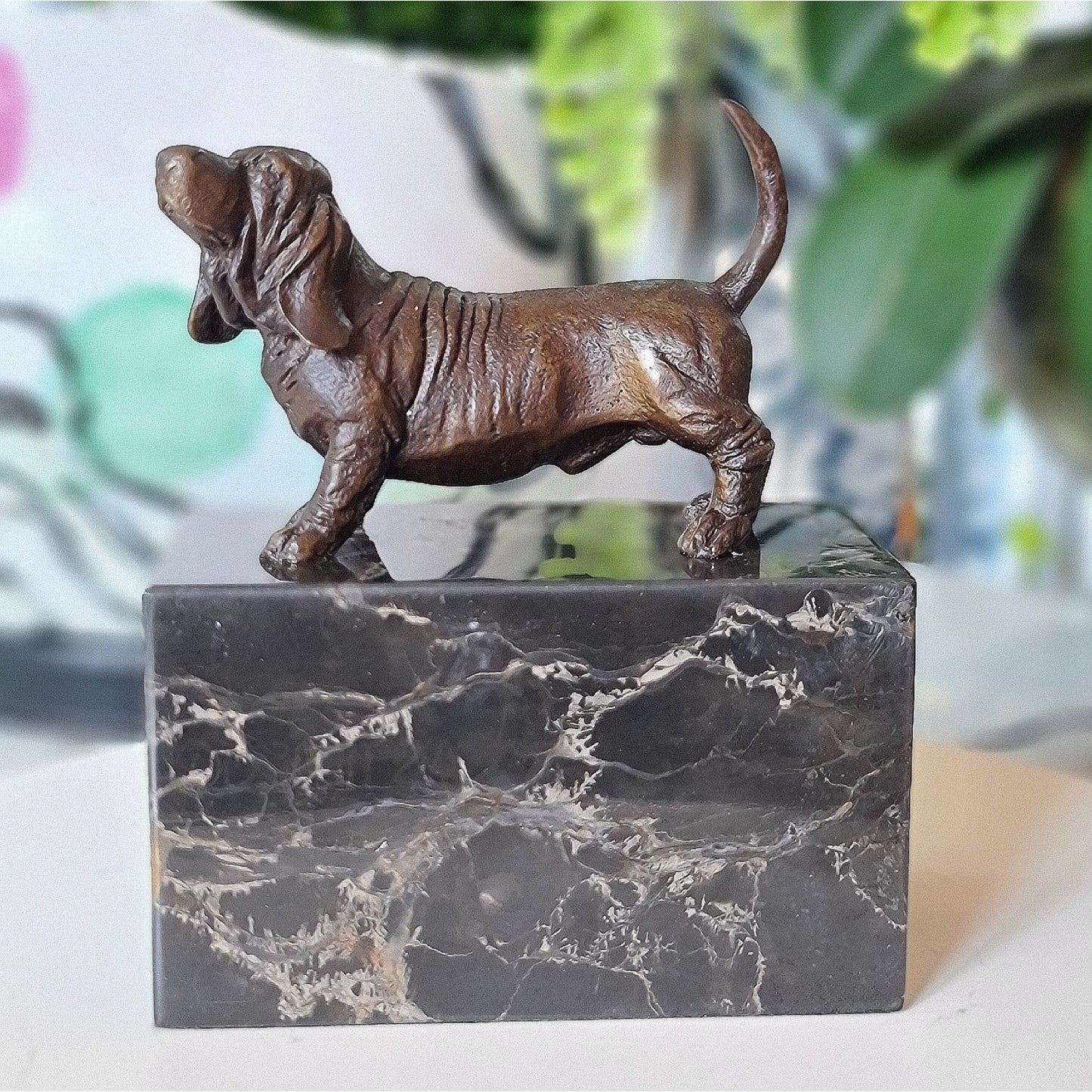 Duchshunt Dog Figurine Bronze Sculpture On Marble Base