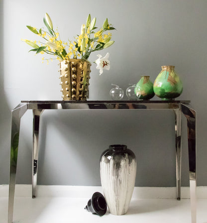 Small Hand painted, Handmade Wooden Vase: Gold & Green