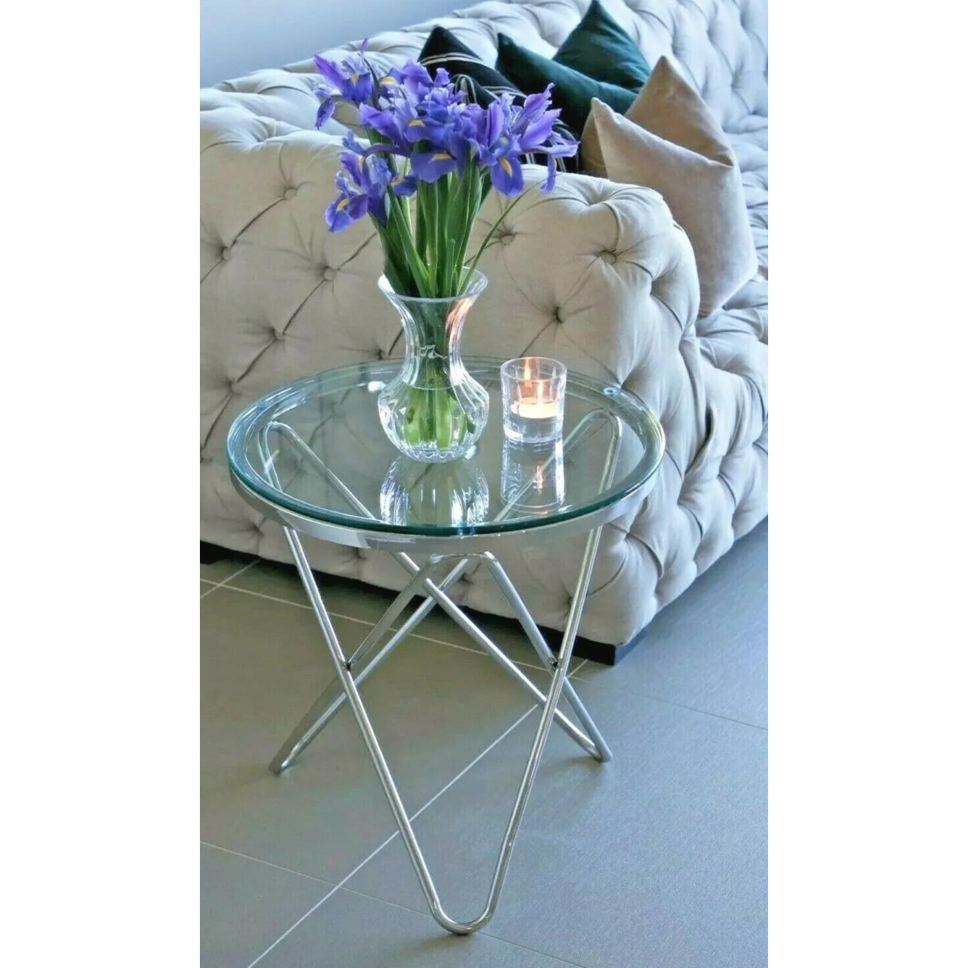 Rona Mirror Polished Stainless Steel Side Table with Clear Glass
