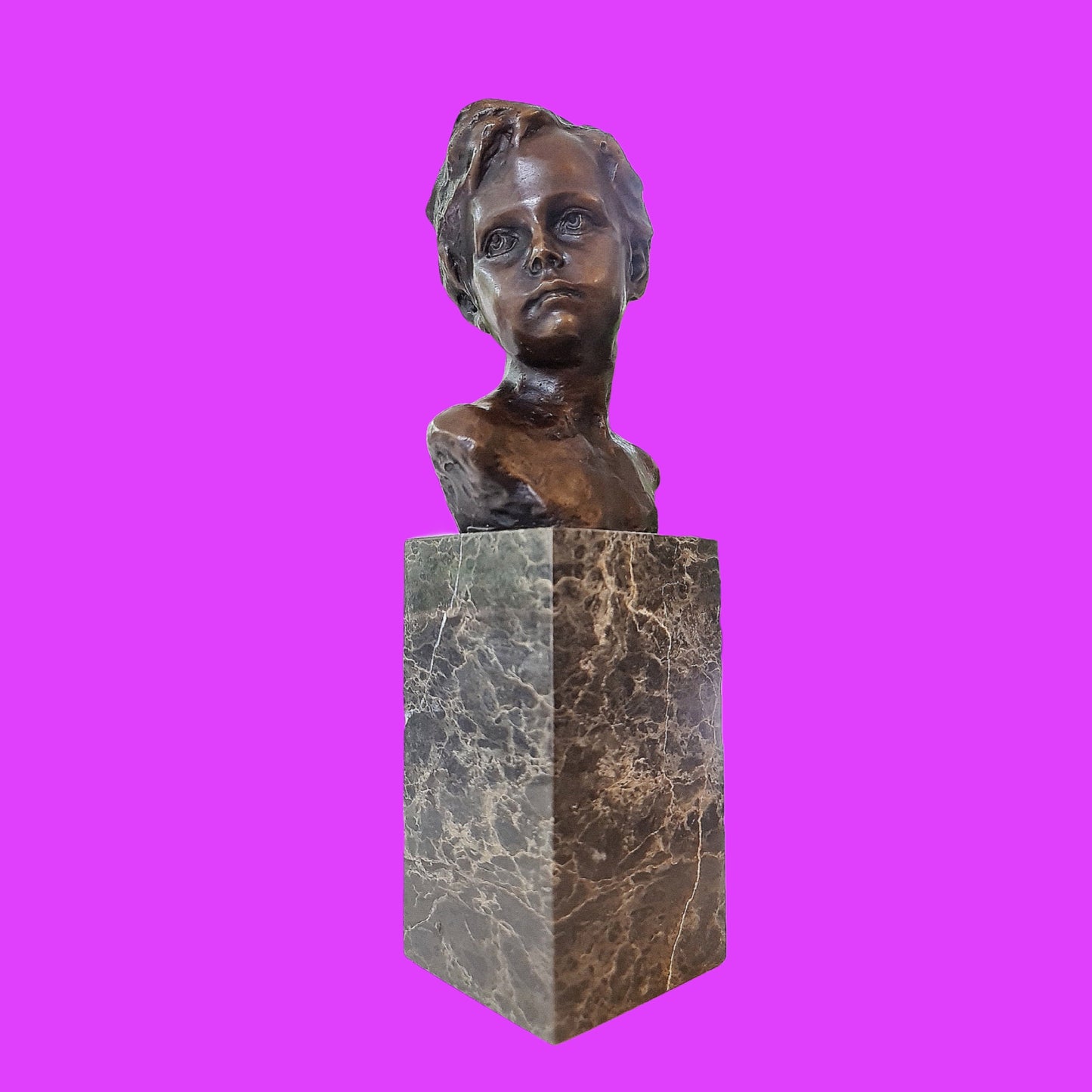Bronze Sculpture Bust of a Boy Cherub on Marble Base