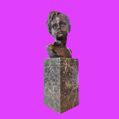 Bronze Sculpture Bust of a Boy Cherub on Marble Base